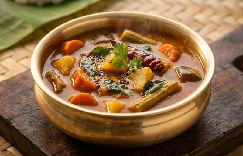 Huli Sambar, Steamed Basmati Rice, Tomato Rasam, Chow Chow Kootu and Appalam - Recipe 1