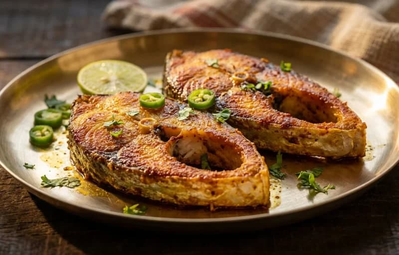 Ilish Maas Bhaji, Steamed Basmati Rice, Masoor Dal Tadka and Begun Bhaja - Recipe 1