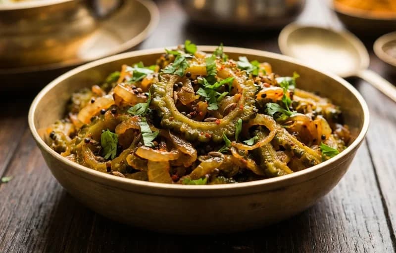 Karela Bhaji, Mati Mahor Dal and Steamed Basmati Rice - Recipe 1