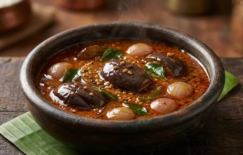 Kathirikai Kara Kuzhambu, Steamed Basmati Rice, Beans Poriyal and Appalam - Recipe 1