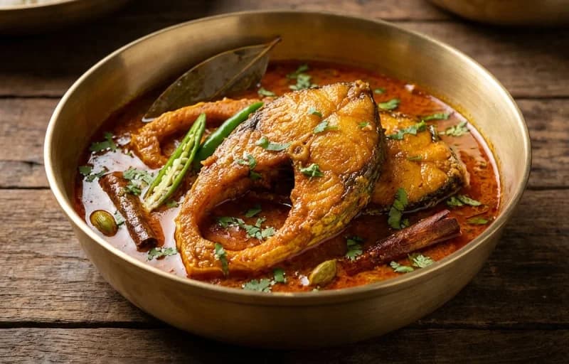 Katla Macher Kalia, Steamed Basmati Rice, Moong Dal Tadka and Potol Bhaja - Recipe 1