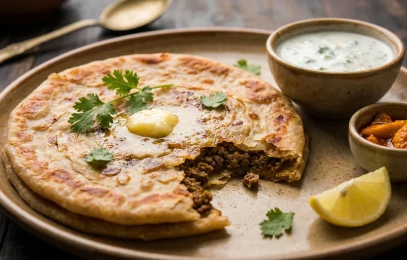Keema Paratha, Curd and Mango Pickle - Recipe 1