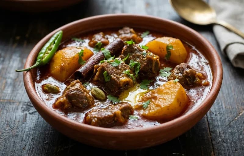 Kochi Pathar Jhol, Steamed Basmati Rice and Peyajkoli Aloo Bhaja - Recipe 1