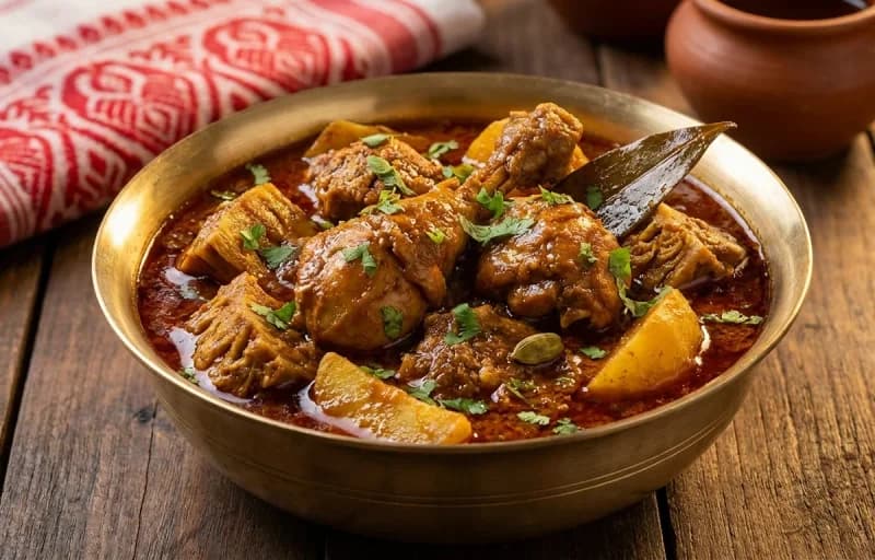 Koldil Di Murgir Manxo, Steamed Basmati Rice and Lai Xaak Bhaji - Recipe 1