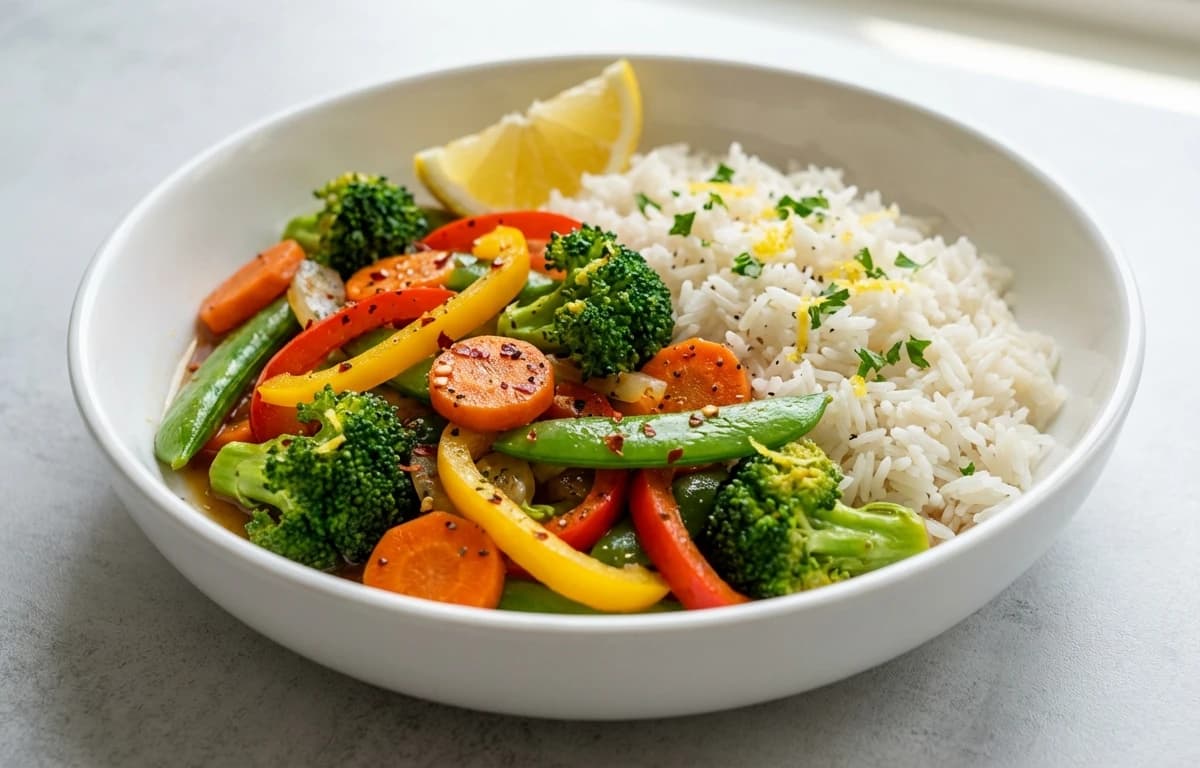 Lemon Garlic Vegetable Stir-Fry with Steamed White Rice