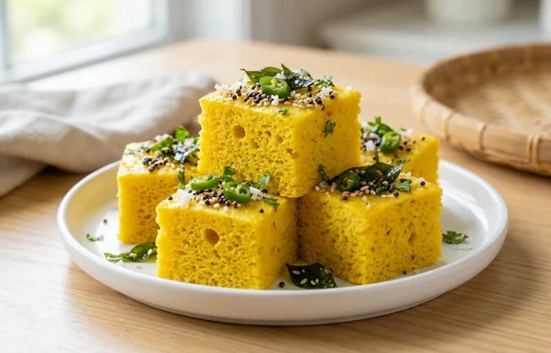 Live Khaman, Coriander Mint Chutney and Stuffed Fried Green Chillies - Recipe 1