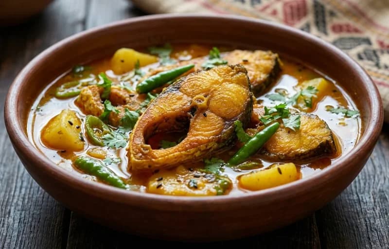 Maasor Tenga, Steamed Basmati Rice, Aloo Pitika and Xaak Bhaji - Recipe 1