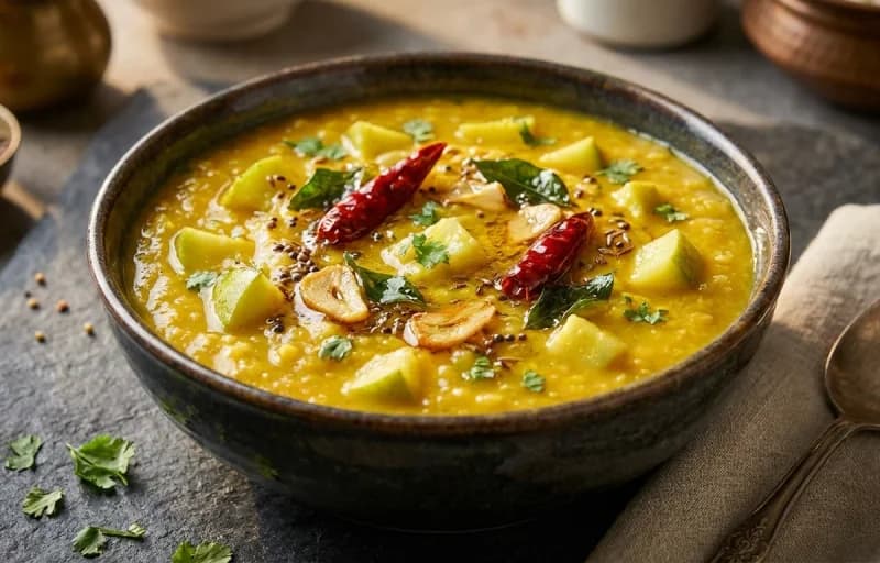 Steamed Basmati Rice, Mamidikaya Pappu and Aratikaya Fry - Recipe 2