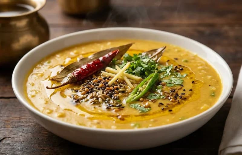 Steamed Basmati Rice, Matar Dal, Omita Khar, Ou Tenga Dal, Aloo Pitika and Xaak Bhaji - Recipe 2