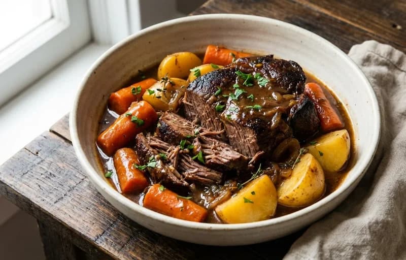 Midwest Pot Roast, Mashed Potatoes, Glazed Carrots, Laccha Pyaaz and Brown Gravy - Recipe 1