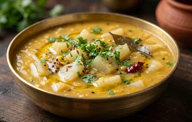 Steamed Basmati Rice, Mulo Diye Motor Dal and Aloo Seddho Makha - Recipe 2