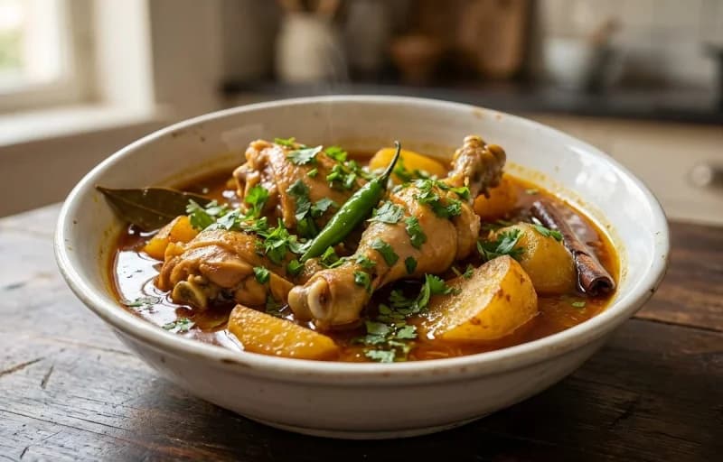 Murgir Manxor Jhol, Steamed Basmati Rice, Aloo Pitika and Omita Khar - Recipe 1