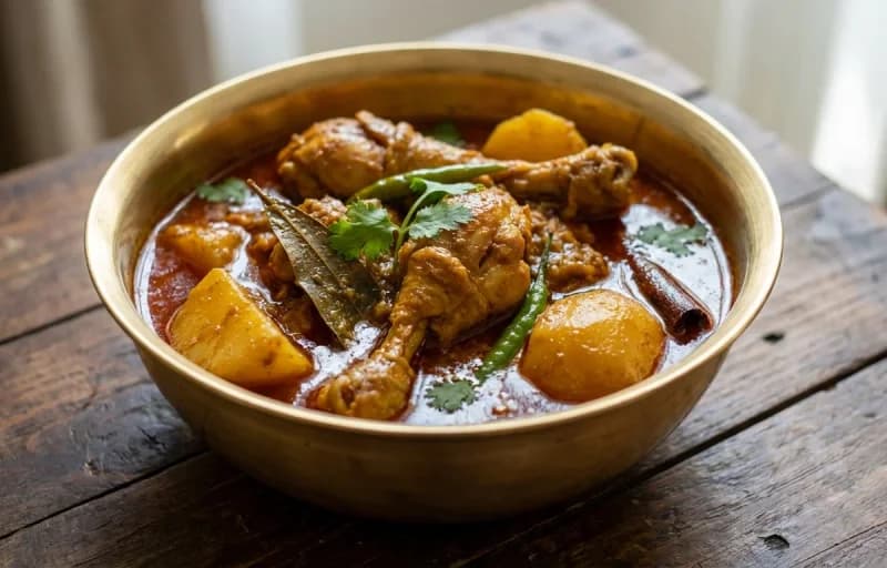 Murgir Manxor Jol, Steamed Basmati Rice, Matar Dal and Bengena Bhaji - Recipe 1