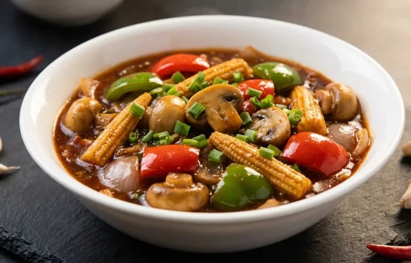 Mushroom Baby Corn Hot Garlic Sauce with Veg Hakka Noodles - Recipe 1