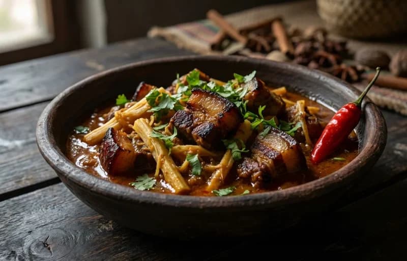 Naga Pork with Bamboo Shoot, Bora Saul and Bhoot Jolokia Achar - Recipe 1