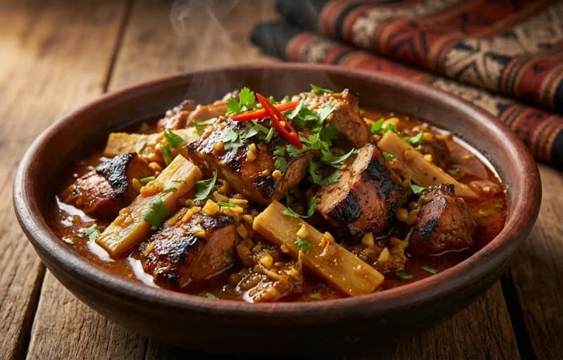 Naga Smoked Chicken with Bamboo Shoot, Bora Saul and Bengena Pitika - Recipe 1