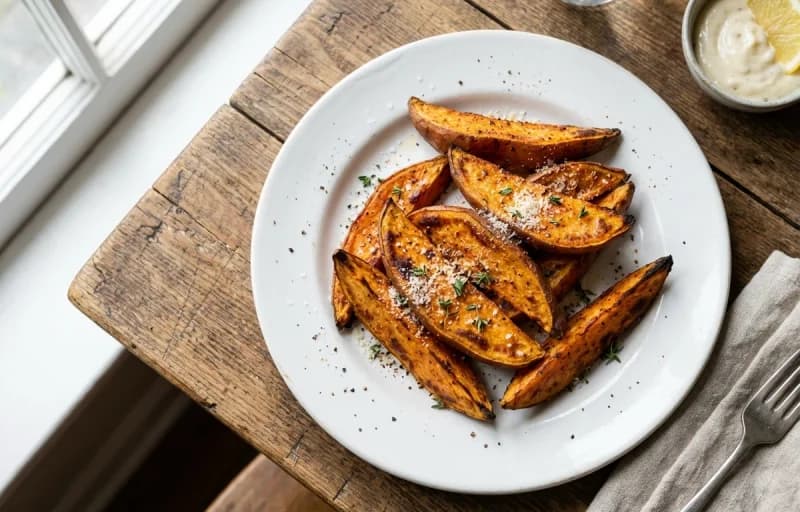 Veggie Burger with Baked Sweet Potato Wedges