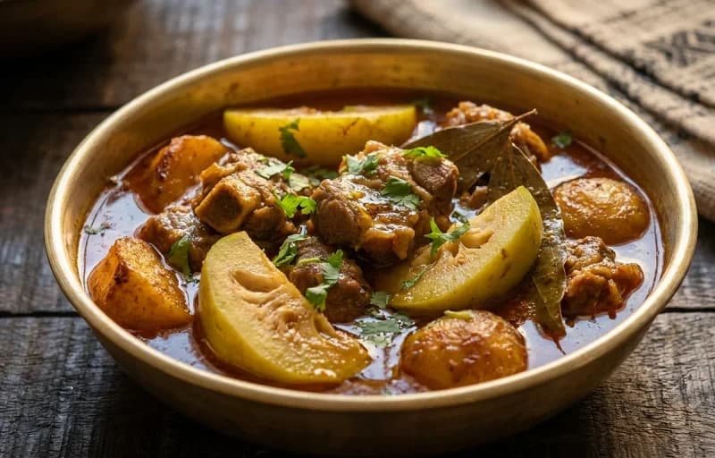 Ou Tenga Mutton Curry, Steamed Basmati Rice and Masoor Dal Tadka - Recipe 1
