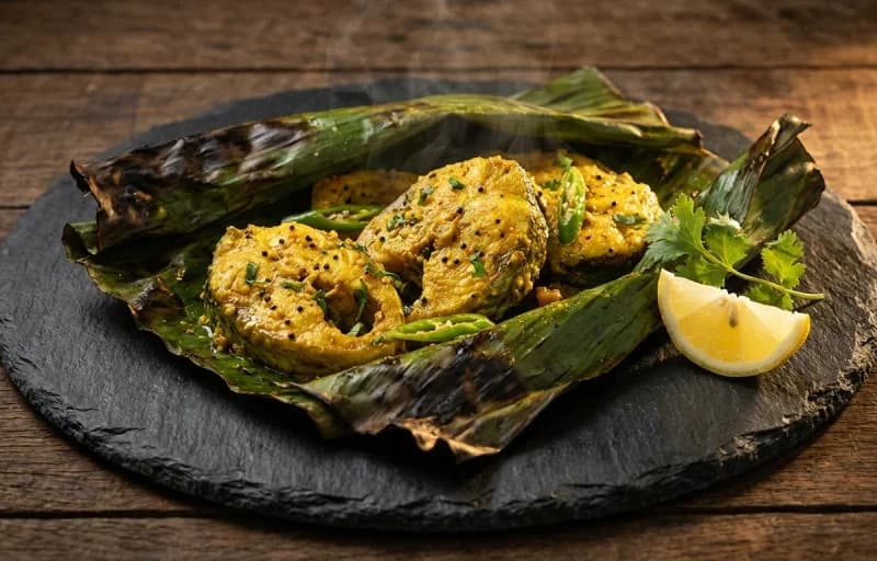 Steamed Basmati Rice, Paatot Diya Maas, Masoor Dal Tadka and Bengena Pitika - Recipe 2