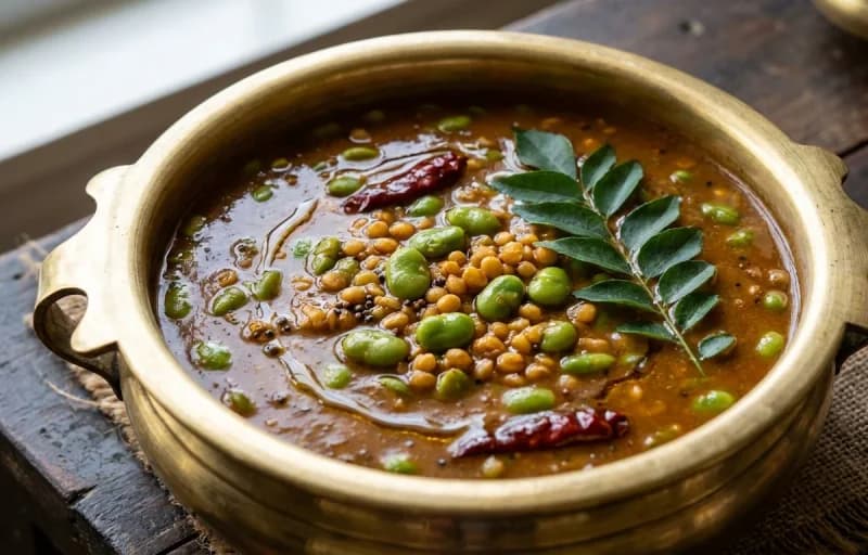 Steamed Basmati Rice, Pachai Mochai Kuzhambu and Kothavarangai Poriyal - Recipe 2