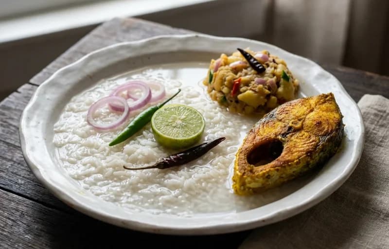 Panta Bhat, Aloo Seddho and Kancha Lonka Murgi - Recipe 1