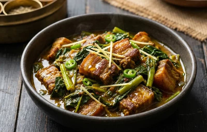 Pork with Mustard Greens, Steamed Basmati Rice and Aloo Pitika - Recipe 1