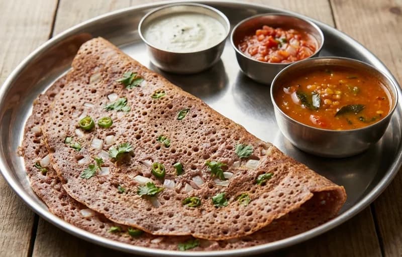 Ragi Dosa, Vegetable Sambar and Coriander Chutney - Recipe 1