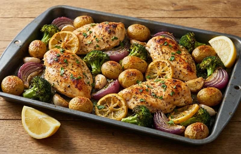 Sheet Pan Lemon Chicken, Mashed Potatoes and Roasted Broccoli with Garlic and Parmesan - Recipe 1