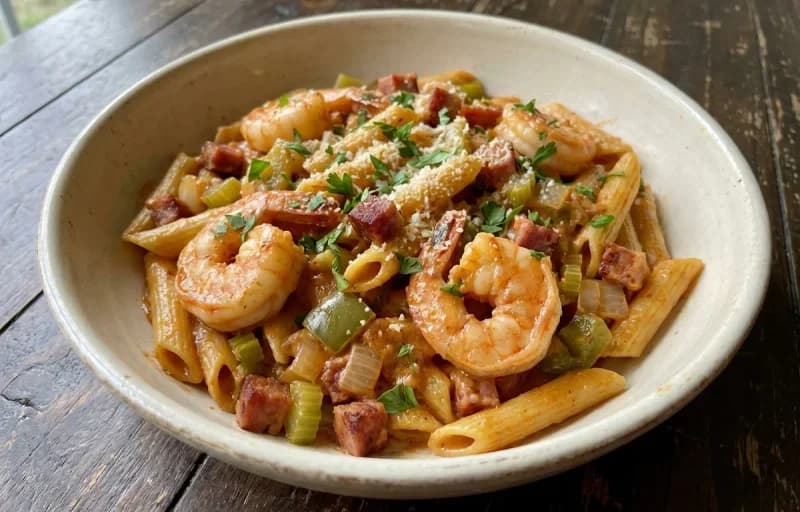 Shrimp and Tasso Pasta with Side Salad - Recipe 1