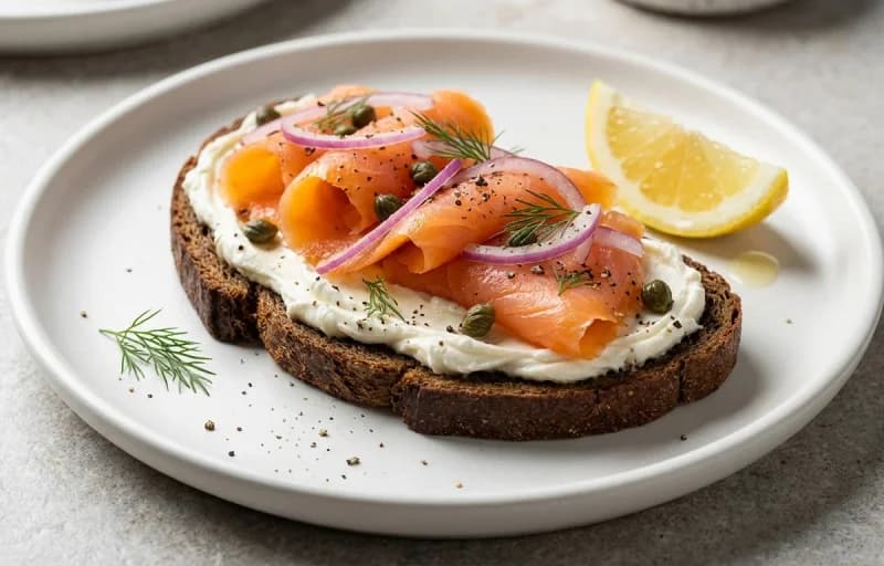 Smoked Salmon on Bread, Cream Cheese and Dill Pickles - Recipe 1