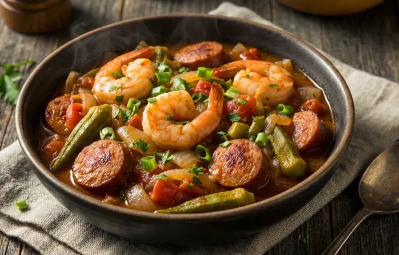 Smothered Okra with Shrimp and Sausage with Steamed Basmati Rice - Recipe 1