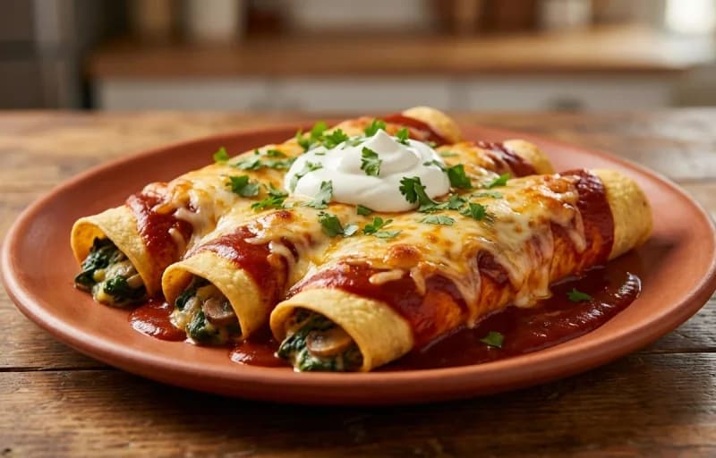 Spinach and Mushroom Enchiladas, Roasted Tomatillo Salsa Verde and Savory Black Beans - Recipe 1