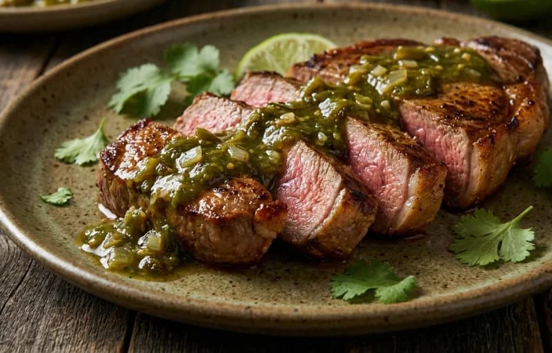 Steak with Green Chile Sauce, Roasted Potatoes and Grilled Asparagus - Recipe 1