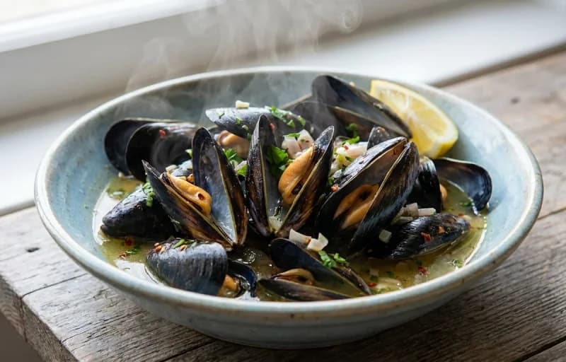 Steamed Mussels in White Wine and Garlic, Garlic Bread, Chicken in White Wine Sauce and French Fries - Recipe 1