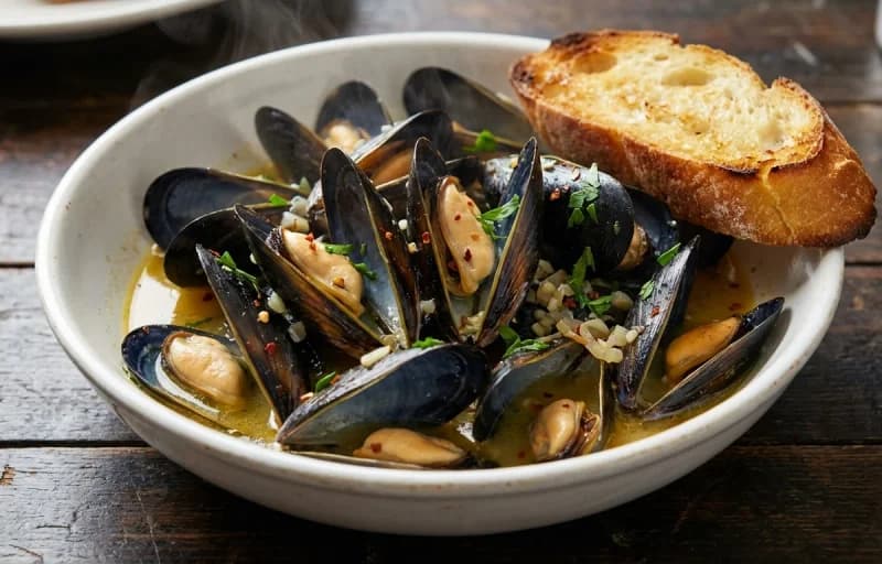 Steamed Mussels with Garlic and White Wine with Baguette - Recipe 1