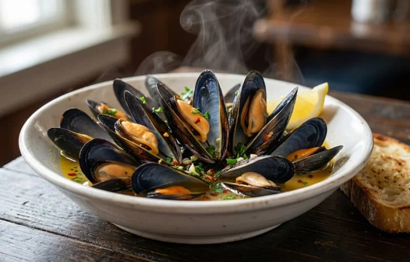 Steamed Mussels with White Wine and Garlic with No-Knead Crusty Bread - Recipe 1