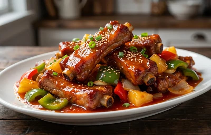 Sweet and Sour Spareribs, Steamed Basmati Rice and Garlic Stir-fried Broccoli - Recipe 1