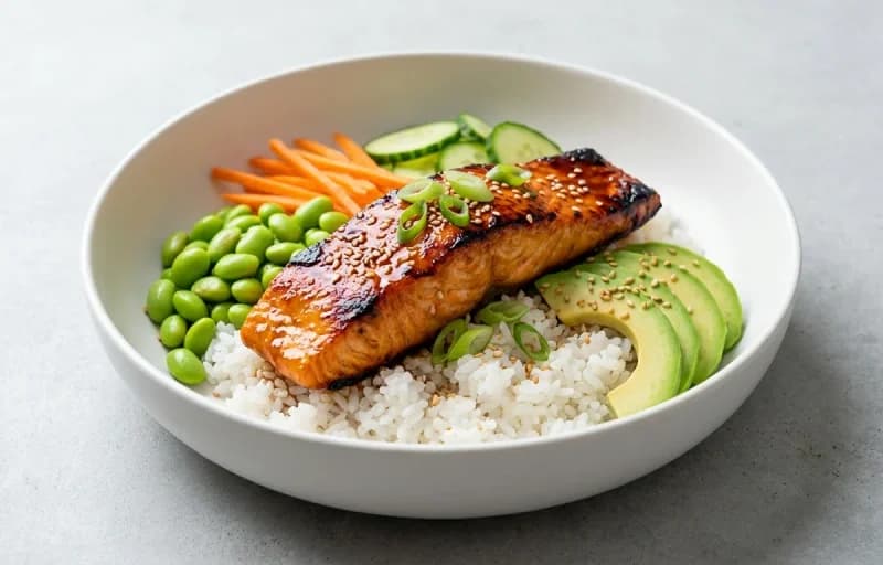Teriyaki Salmon Bowl, Jasmine Rice, Steamed Broccoli and Steamed Edamame with Sea Salt - Recipe 1