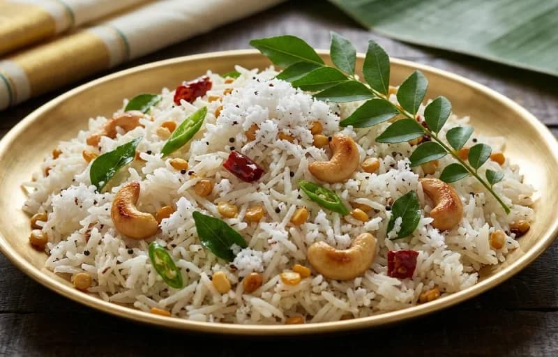 Thenga Choru, Vegetable Sambar, Pappadam and Mango Pickle - Recipe 1