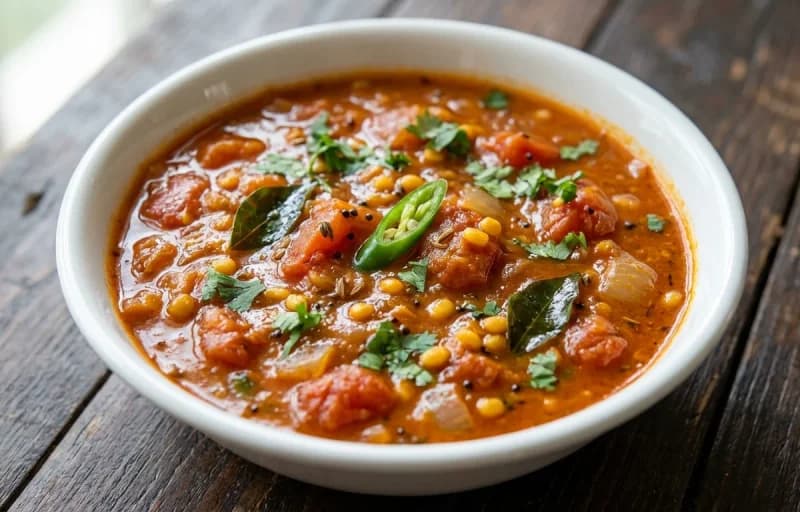 Steamed Rice, Tomato Kura, Ulava Charu and Perugu - Recipe 2