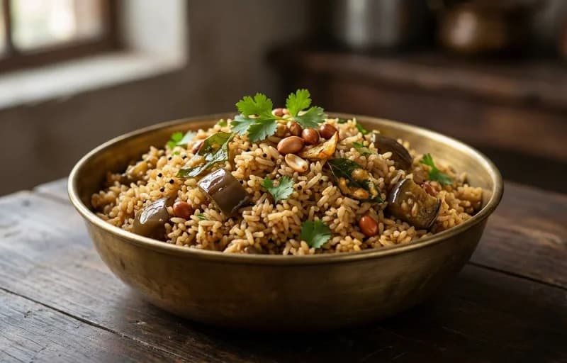 Vangi Bath, Mosaru Bajji and Urad Dal Papad - Recipe 1