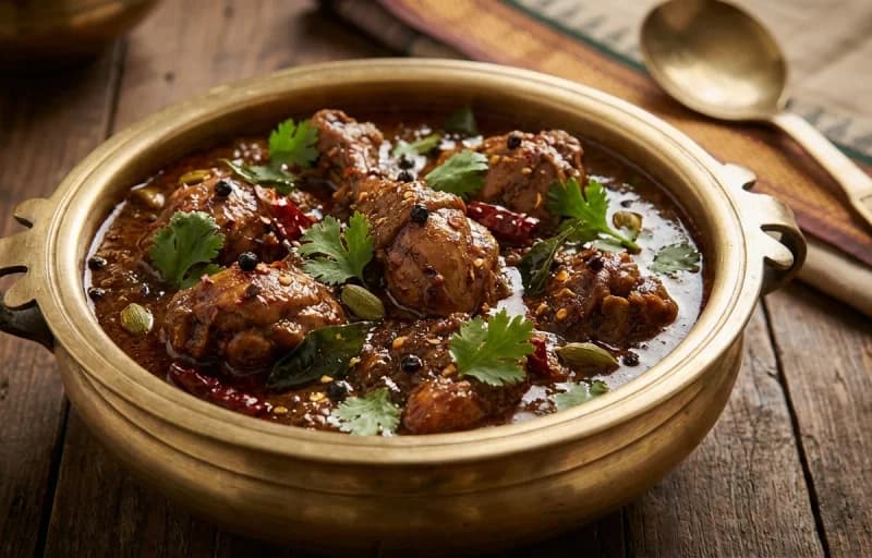 Chettinad Chicken Curry, Steamed Basmati Rice, Tomato Rasam and Cabbage Poriyal - Recipe 1