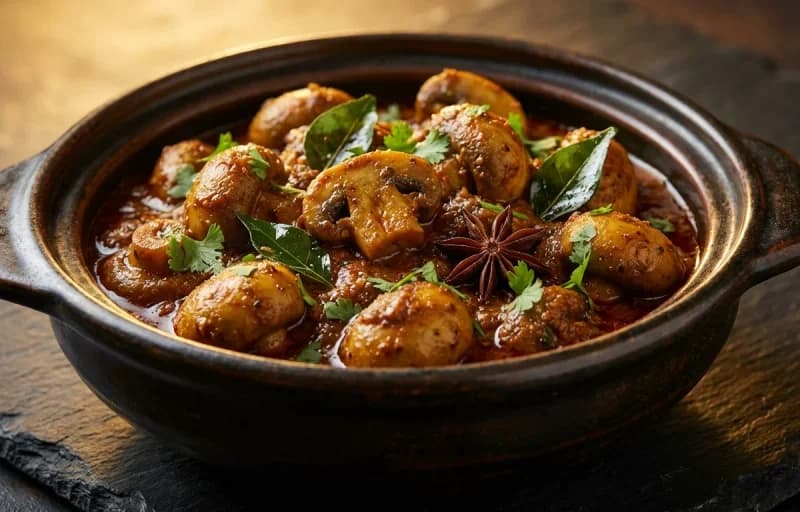 Chettinad Mushroom Masala, Steamed Basmati Rice and Carrot Poriyal - Recipe 1