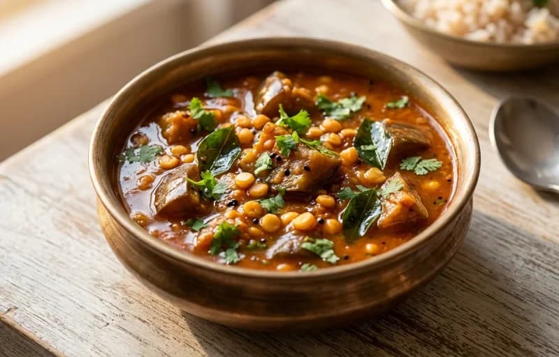 Kathirikai Gothsu, Steamed Basmati Rice and Appalam - Recipe 1