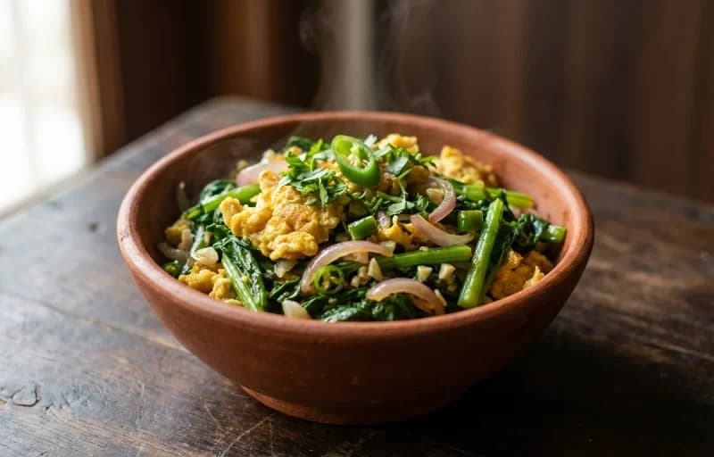 Lai Xaak Koni Bhaji with Steamed Basmati Rice - Recipe 1