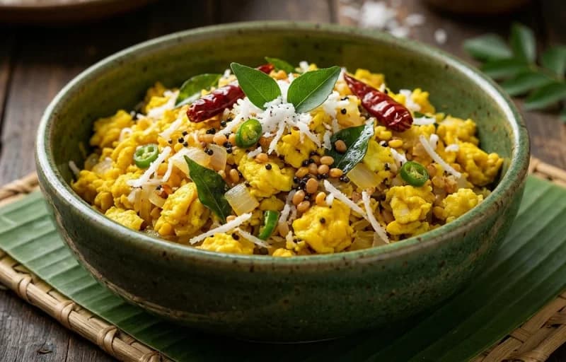 Mutta Thoran, Rice Kanji, Payar Thoran and Mango Pickle - Recipe 1