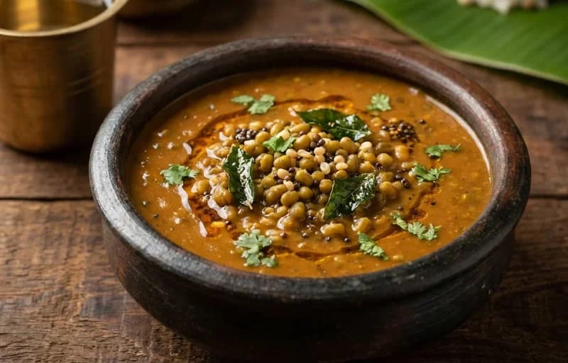 Pachai Payaru Kuzhambu, Steamed Basmati Rice, Cabbage Thoran and Mango Pickle - Recipe 1