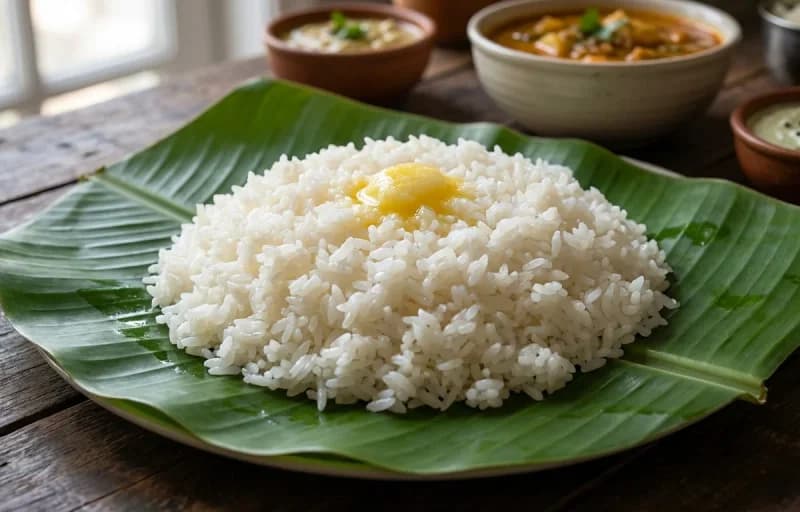 Steamed Rice, Pesara Pappu, Sorakaya Kura and Mango Pickle - Recipe 1