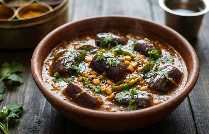 Steamed Rice, Vankaya Pulusu, Kandi Podi and Ghee - Recipe 2