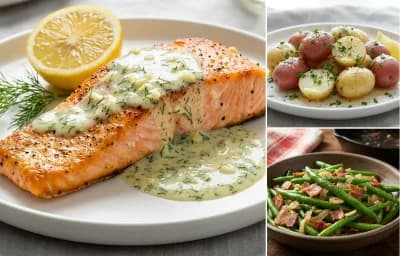 Baked Salmon with Dill Sauce with Steamed New Potatoes with Herbs and Sauteed Green Beans with Bacon